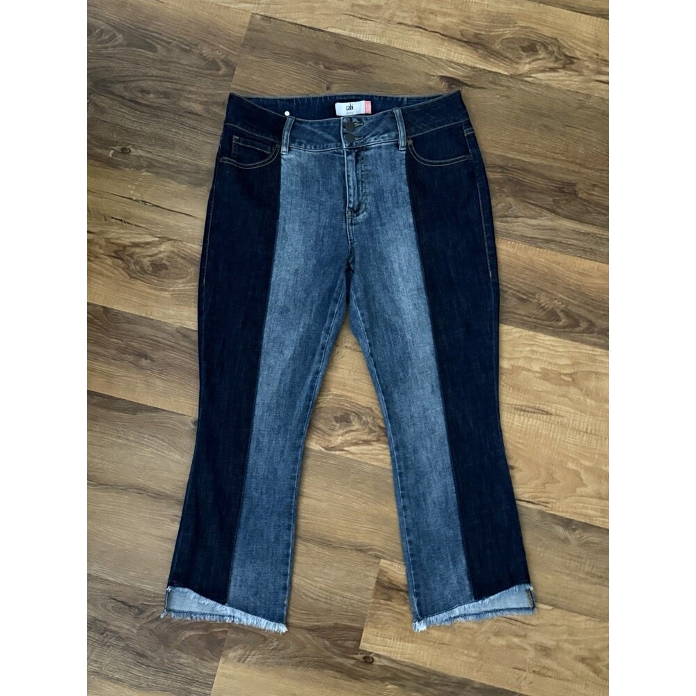 Cabi New High-Low Crop #6281 2 tone Blue Denim Size 12 stretch Raw Hem - Picture 2 of 5